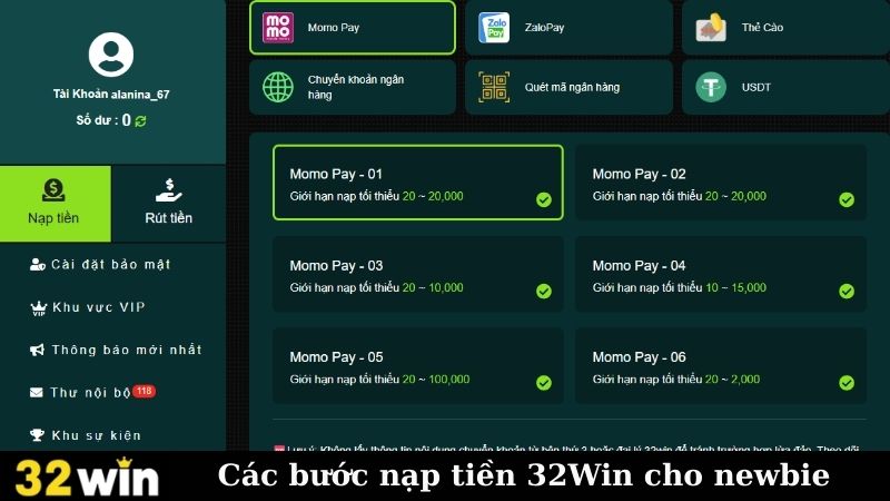 Các bước nạp tiền 32Win cho newbie