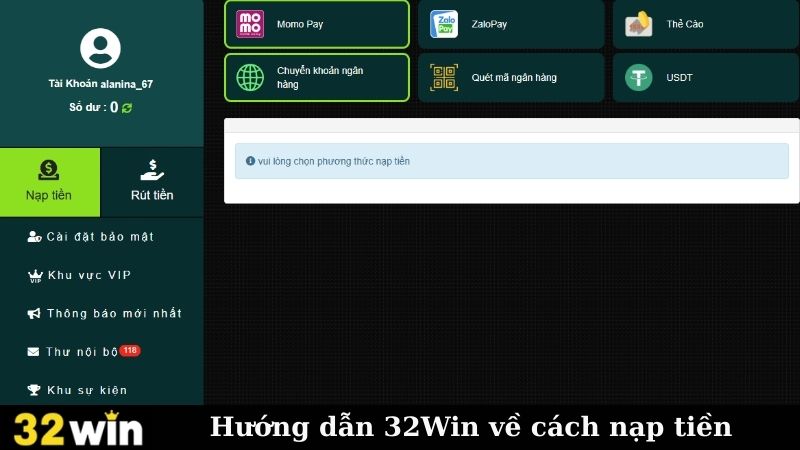 Hướng dẫn 32Win về cách nạp tiền