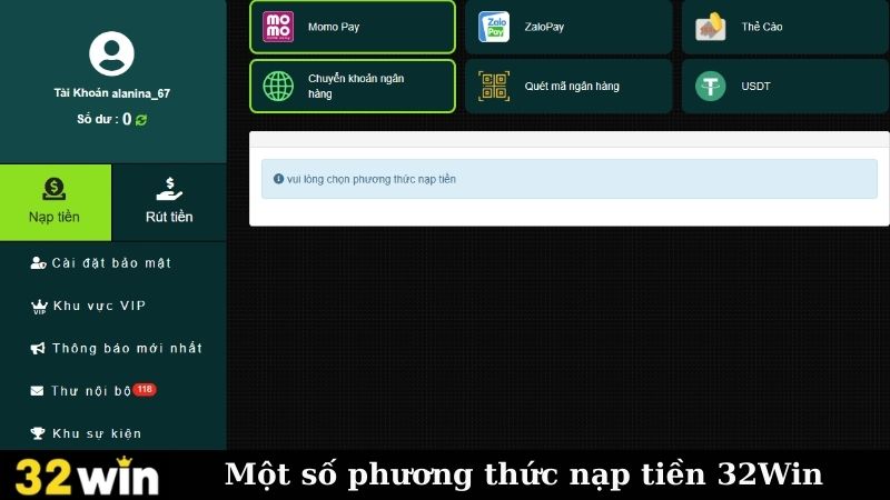 Một số phương thức nạp tiền 32Win